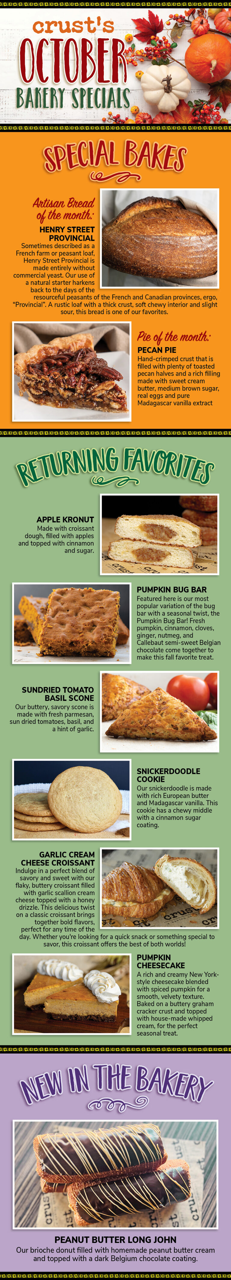 CRUST October 2026 bakery specials poster — Bread of the Month, Pie of the Month, returning favorites and what's new in the bakery