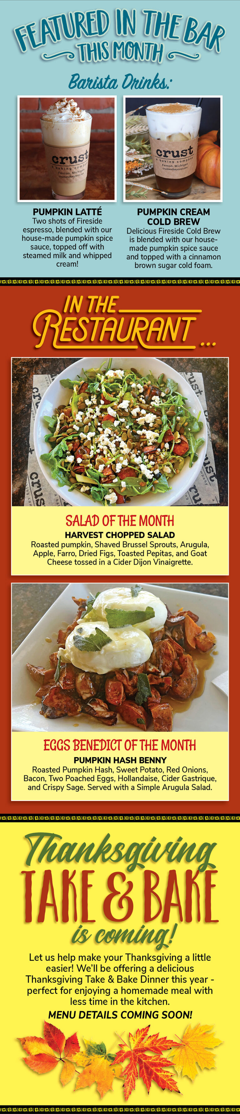 CRUST October 2026 bar and restaurant poster — barista drinks of the month, Salad of the Month, Eggs Benedict of the Month and a Thanksgiving Take & Bake preview